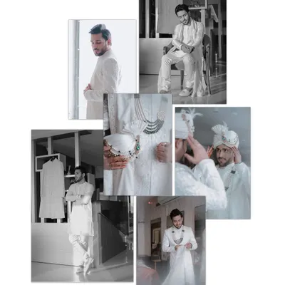 A collage showing the groom's getting-ready process in timeless black and white. From adjusting his sherwani to tying his safa, this series captures the quiet moments of preparation.