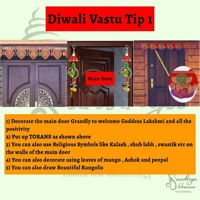 This is my Diwali Vastu tip for your main door. To welcome Goddess Lakshmi, decorate your entrance grandly with colorful torans, religious symbols like Swastik and Kalash, and beautiful rangolis.