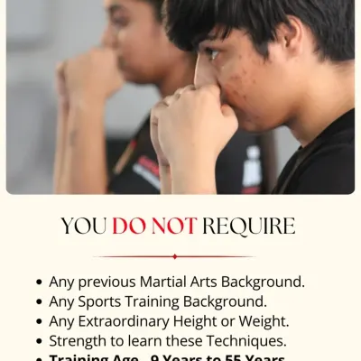 A graphic explaining that you do not require any previous martial arts background or extraordinary strength to learn our techniques.