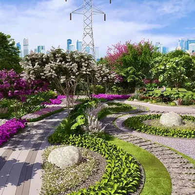This render for Kriya Villa Development showcases our use of layered planting, with flowering shrubs, groundcover, and mature trees creating a rich, multi-dimensional garden.