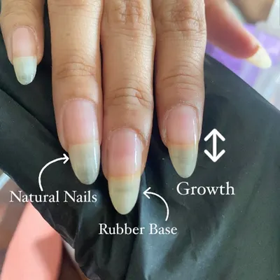 This is the power of a good gel overlay. This image shows the amazing natural nail growth a client achieved with the help of a protective rubber base coat.