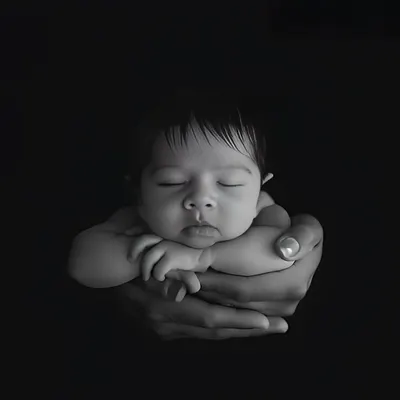 This black and white portrait is a powerful example of artistic photography. The dramatic lighting and focus on the hands holding the baby create a timeless and emotional piece of art.