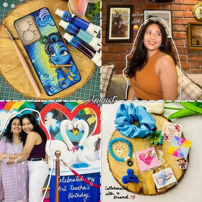 A little photo dump from my life in August. This collage shows a mix of my art, like the custom Krishna phone cover, and personal moments, like celebrating with my art teacher.