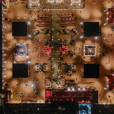 An aerial view showcasing the immense scale of the Mysore Mandira project. The layout was meticulously planned to integrate dining, lounges, and entertainment, ensuring a seamless and grand experience for 4,000 guests across a 1.2 lakh sq. ft. space.