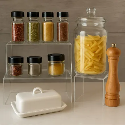 My custom acrylic shelf risers are perfect for the kitchen. They instantly create vertical storage on your countertop or in your pantry, making items easier to see and reach.