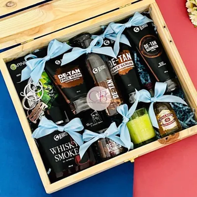 Men deserve the best too. We created this men's self-care birthday box featuring a full range of grooming products from Beardo, all packed in a rustic pinewood crate.