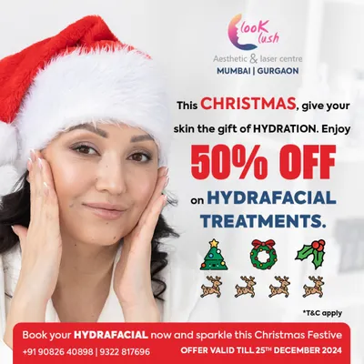 This Christmas, give your skin the gift of hydration. This graphic announces a special 50% discount on HydraFacial treatments to help you sparkle during the festive season.