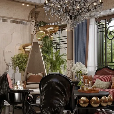 A closer look at our maximalist living room design, where a stunning skylight floods the space with natural light and rich, layered decor brings warmth and depth. The intricate inlay flooring makes the space feel opulent and timeless.