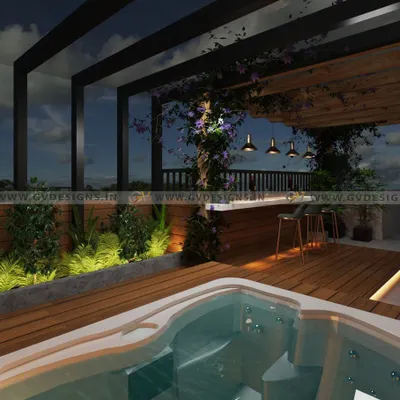 We create outdoor havens for relaxation and entertainment. This open terrace design features a jacuzzi, a custom bar under a pergola, and lush greenery, all set on a beautiful wooden deck with integrated ambient lighting.