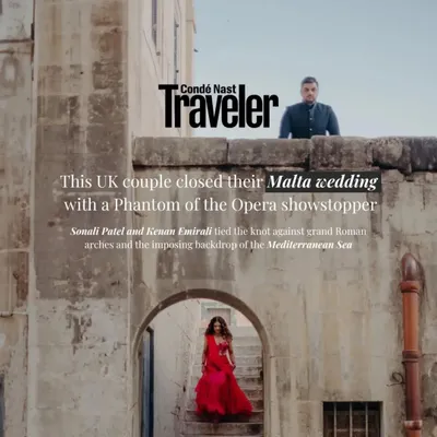 I am thrilled to see this Malta wedding featured in Condé Nast Traveller. The couple tied the knot against grand Roman arches and the imposing backdrop of the Mediterranean Sea.