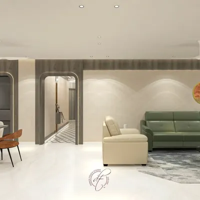 A 3D render of a contemporary living and dining area, showcasing an open-concept layout with arched doorways and a neutral palette accented with olive green and rust orange.