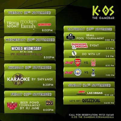 This week is packed with action! We've got Trivia, Wicked Wednesday challenges, Karaoke, Beer Pong, Pool, D&D, and live sports.