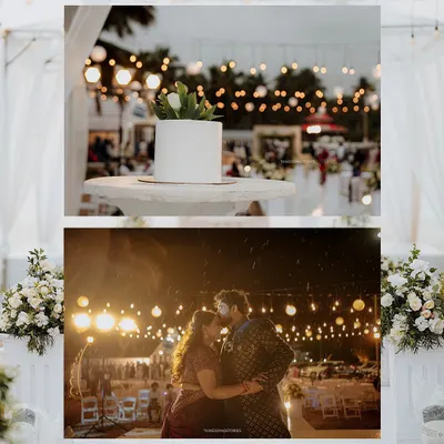 A collage capturing the magical ambiance of a wedding reception, with a focus on the beautifully lit decor, the cake, and a romantic dance.