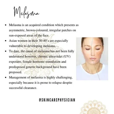 Melasma presents as irregular brown patches on sun-exposed areas and is particularly common in Asian women. Understanding its causes, including hormones and UV exposure, is key to effective management.