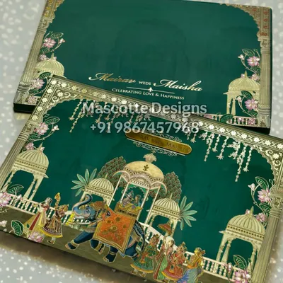 A celebration of heritage, art, and love. This hardback Pichwai-themed wedding invite brings a royal procession to life against a rich emerald green, capturing the grandeur of a traditional Indian wedding.