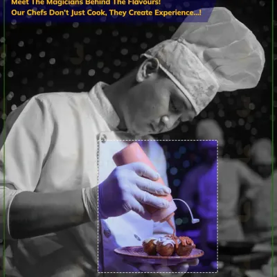 Our chefs don't just cook, they create experiences. This artistic shot captures a chef meticulously plating a dish, showcasing the focus and artistry that goes into our food.