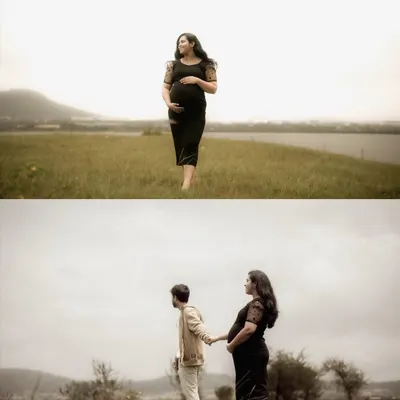 This collage shows the mom-to-be in two beautiful poses: one walking towards the camera and another with her partner, capturing both her individual strength and their shared journey.