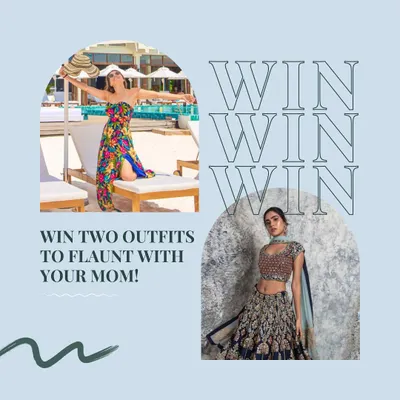 An example of a past Mother's Day giveaway I hosted. These events are my way of giving back and sharing beautiful designer outfits, like the floral resort dress and the traditional blue lehenga shown here.