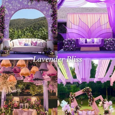 A mood board for our 'Lavender Bliss' theme. This concept uses various shades of purple in drapes, florals, and furniture to create a serene and unique atmosphere for any day event.