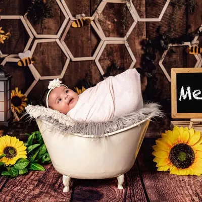 A bright and cheerful honeybee theme for baby Mehar. The newborn is awake and looking at the camera from a miniature tub, set against a honeycomb backdrop with sunflowers and a personalized nameplate.