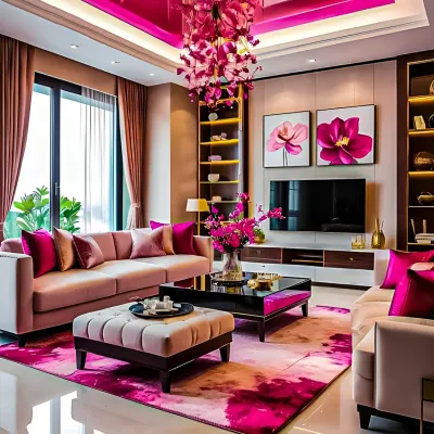 For a client who loves vibrant color, I created this living room with a dramatic pink and magenta palette. The glossy pink ceiling reflects the custom floral chandelier, creating a bold, glamorous space that's full of energy and personality.