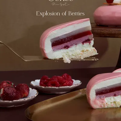An explosion of berries. This entremet features a burst of fresh berries, a hint of lychee, and the smooth embrace of vanilla. It's perfect for moments that matter.