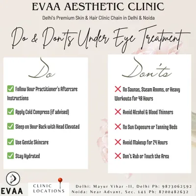 A clear list of Do's and Don'ts for after your under-eye treatment to ensure optimal healing and results, including avoiding sun exposure and applying cold compresses if advised.
