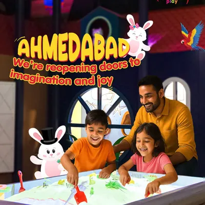 Ahmedabad, we're reopening doors to imagination and joy! This announcement graphic celebrates our return, inviting families to come and experience the magic of play once again.