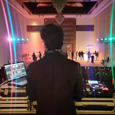 A view from my office. This is the calm before the storm, setting up the console and getting ready for a night of celebration.
