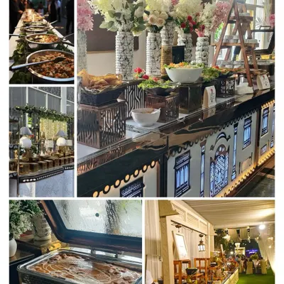 A collage showcasing the variety and elegance of our wedding catering. We focus on every detail, from the main course buffet and dessert counters to the overall presentation, ensuring a cohesive and luxurious dining experience.