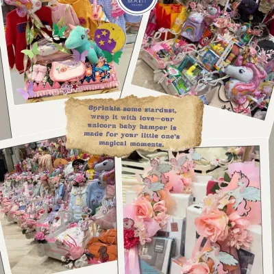 Sprinkle some stardust and wrap it with love. My unicorn-themed baby hampers, seen here in a large bulk order, are made for your little one's magical moments.
