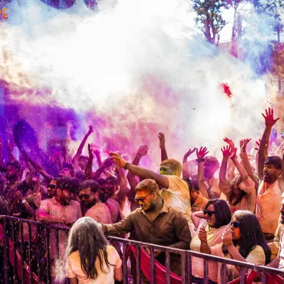 Lost in a cloud of color at a Holi festival in Bengaluru. There's nothing like the energy of a daytime festival with thousands of people celebrating together.