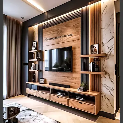 This floating TV unit combines a warm wood finish with black accents and a marble-patterned back panel. The design includes a mix of drawers and open shelves, providing both concealed storage and display space.