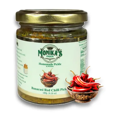 This is my Banarasi Red Chilli Pickle, made from sun-dried red chillies and a blend of traditional spices. It has a deep, robust heat that builds slowly, perfect for pairing with parathas or adding a kick to your curries.