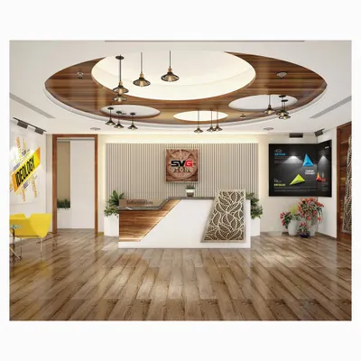 A view of the reception area we designed for SVG Exports, featuring a custom desk, wood-paneled circular ceiling detail, and modern pendant lighting. This space sets a professional and sophisticated tone from the moment of entry.