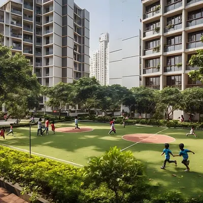A perfect example of a thriving community space. The large, open lawn at this residential project is a direct result of planning that prioritizes shared green areas, providing a safe and beautiful environment for children and families to connect.