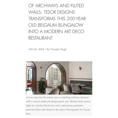 I was thrilled to see my Pink Verranda project featured in Elle Decor. The article highlights the transformation of a 200-year-old bungalow into a modern art deco restaurant, focusing on the archways and fluted walls.