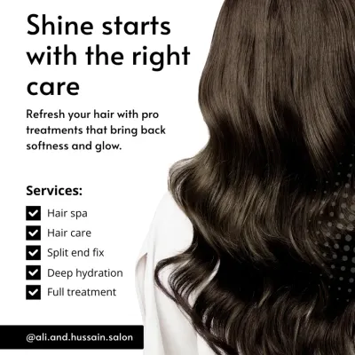 True shine starts with the right care. This graphic outlines my key repair services, including hair spa, deep hydration, and split end fixes, all designed to bring back softness and glow.