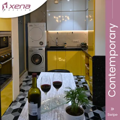 For clients who love a pop of color, this contemporary kitchen is a great example. The bright yellow glossy cabinets are paired with a geometric floor tile and a stacked washer and dryer unit, demonstrating how to create a functional and vibrant utility space within the kitchen.