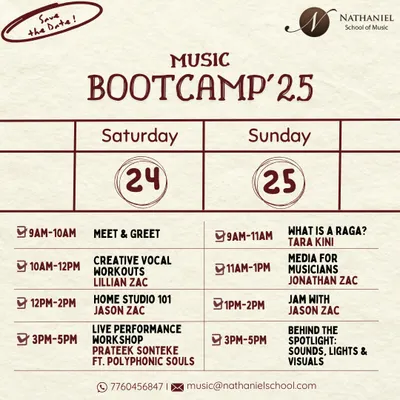 Our Music Bootcamps are intense, hands-on events for all skill levels. This schedule gives you a taste of the diverse topics we cover, from home studio production and vocal workouts to the technical side of live performance including sound, lights, and visuals.