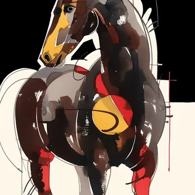 A series of stylized, abstract horse paintings. These artworks use bold lines and fragmented colors to capture the power and grace of the horse, making them a dynamic addition to any modern art collection.