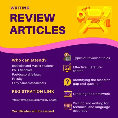 This is the flyer for our webinar on "Writing Review Articles." These sessions are designed for everyone from Bachelor's students to early-career researchers and cover the entire process from literature search to final editing.