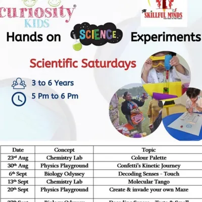 Our "Scientific Saturdays" flyer gives a peek into the hands-on science experiments we do. We explore concepts from chemistry, physics, and biology in a fun, accessible way for kids aged 3 to 6.