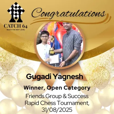 Celebrating Gugadi Yagnesh, winner of the Open Category at the Friends Group & Success Rapid Chess Tournament. This victory highlights the effectiveness of our coaching for players competing at the highest levels.
