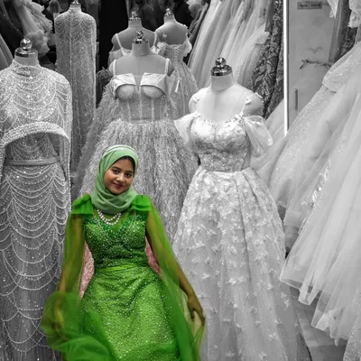 A pop of color against a world of white. This stunning bright green gown, fully embellished with Swarovski crystals, is a perfect example of how modest fashion can be bold, glamorous, and incredibly chic.