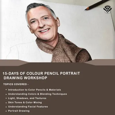 This graphic outlines the topics covered in my 15-day Colour Pencil Portrait Drawing Workshop. We start with the basics of materials and blending, and progress to skin tones, facial features, and a complete portrait.
