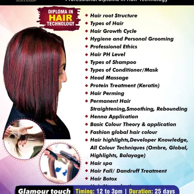 Details about our Diploma in Hair Technology. This 25-day course covers everything from hair science and protein treatments to advanced coloring techniques.