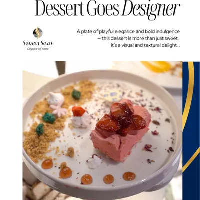 "Dessert Goes Designer." This graphic showcases one of our signature plated desserts, a deconstructed strawberry creation that is a visual and textural delight. We believe dessert is not just a course, but a fashion statement.