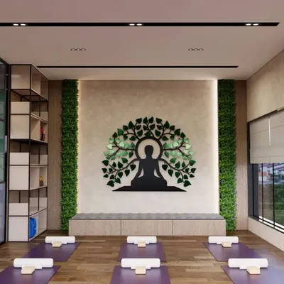 In this yoga studio design, every element is chosen to support a calm practice. The focal point is the Bodhi tree silhouette, which creates a meditative atmosphere. I used warm wood floors, vertical green panels, and soft track lighting to build a serene and functional sanctuary.