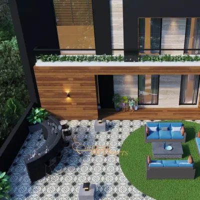An expansive rooftop terrace designed for entertaining, featuring a custom curved bar, patterned tile flooring, and a dedicated lounge area on an artificial lawn.